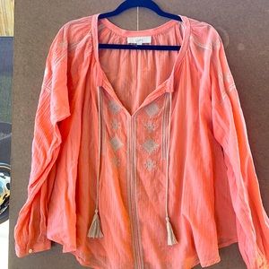 Loft Peasant Gauze Blouse peach/orange with tan